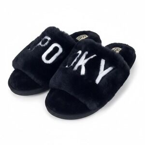 Spooky Faux Fur Slippers Black Plush Open Toe Slides Halloween Gothic (L 9-10)